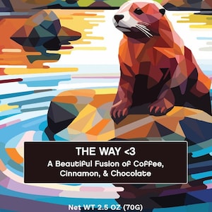 May include: A colourful illustration of a chocolate bar featuring a cartoon otter sitting on a rock in a lake. The chocolate bar is labelled "cocoa&craft CHOCOLATE 52% - DARK/MILK" and "THE WAY <3 A Beautiful Fusion of Coffee, Cinnamon, & Chocolate". The bar weighs 70 grams (2.5 ounces).