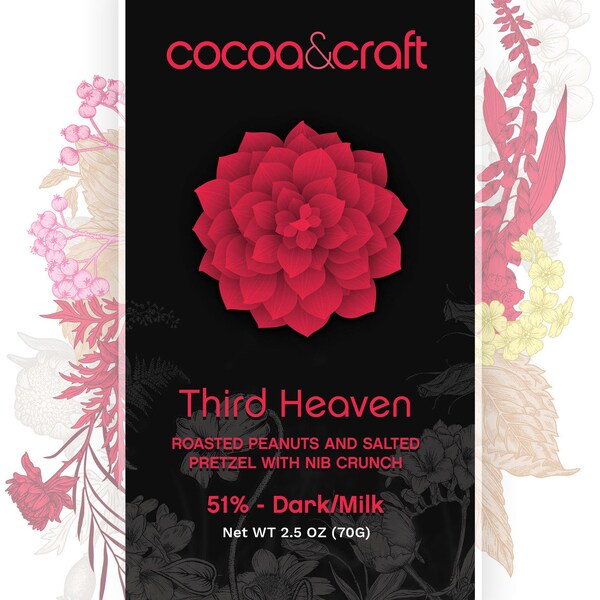 51 % Dark/Milk Chocolate Bar, Third Heaven Bar,  Roasted Peanuts and Salted Pretzel with Nib Crunch, Made in Oregon, Small Batch chocolate