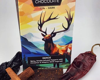 Smokey and Spicy Dark Chocolate Bar, Fine Dark Chocolate Bar With Pepper Heat named Dance, Made in Oregon, Stag Wrapper, Vegan, Gluten Free