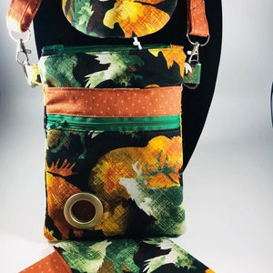 Fall Woodland Slim Dog Walking Bag set with matching dog hat & reversible bandana