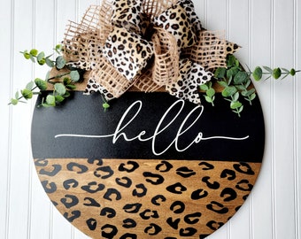Hello round door hanger, 15inch door sign,hello leopard Entryway sign.