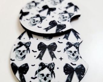 Skull Bow Car Coasters, Set of 2 Car Coasters, black bow Skelly, Gift for her.
