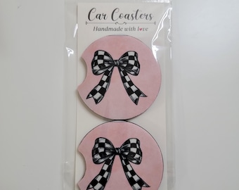 Black checked coquette Bow Car Coasters, Set of 2 Car Coasters, black bow,Gift for her.