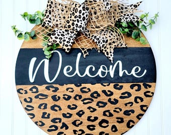 Welcome round door hanger, 15inch door sign,Welcome leopard Entryway sign.