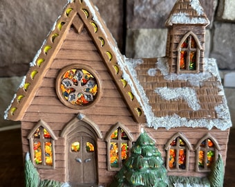 Vitral de cerámica pintado a mano para pueblo navideño, iglesia, hecho a mano