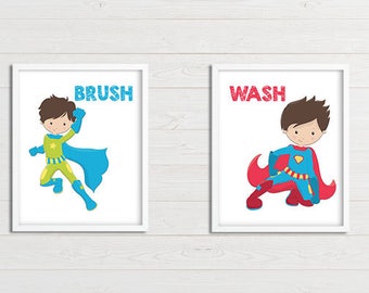 Brush Wash Flush Superhero Bathroom Printable Wall Art Set, Printable Superhero Wall Art, Superhero Bathroom Decor, Kid Bathroom Wall Art