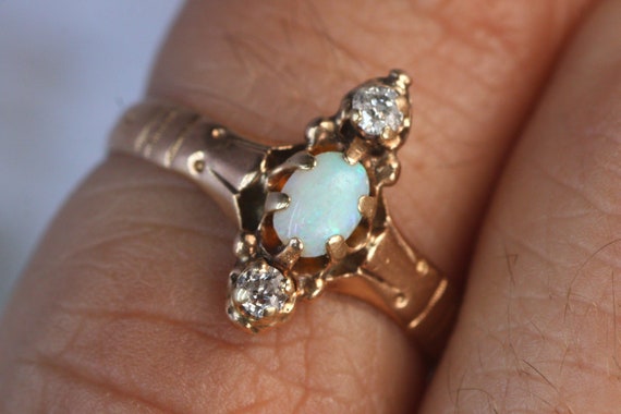 Antique Opal and Old Cut Diamond Ring - Victorian… - image 2