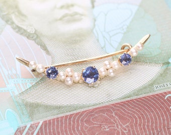 Antique Victorian Sapphire and Pearl Brooch 14K Yellow Gold - Crescent Moon Shape