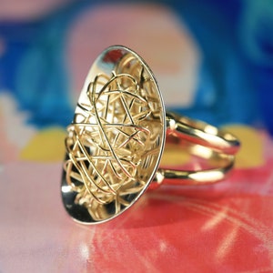 Retro Bird Nest Two-Tone 14k Gold Ring - Italy - Mid-Century Modern - Curved Mirror Bowl with Wires - Geometric