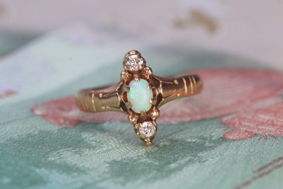 Antique Opal and Old Cut Diamond Ring - Victorian… - image 1