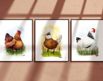 May include: Three watercolor paintings of chickens. The first chicken is brown and white with a red comb. The second chicken is brown and white with a large white crest. The third chicken is white with a black tail and a red comb.
