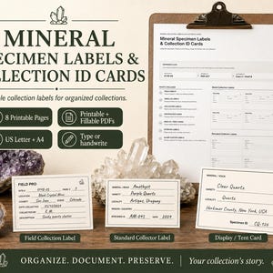 May include: A set of printable mineral specimen labels and collection ID cards featuring 8 pages of fillable PDFs in US Letter size. The display includes a clipboard with forms, a field collection label, a standard collector label, and a display tent card.