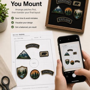 May include: A planning template for patches with an 8 by 10 inch grid, featuring six embroidered nature-themed patches. A wooden display frame contains identical patches. A smartphone displays the layout, alongside scissors and a pencil.