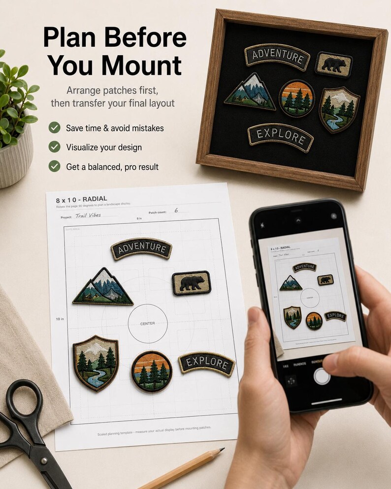 May include: A planning template for patches with an 8 by 10 inch grid, featuring six embroidered nature-themed patches. A wooden display frame contains identical patches. A smartphone displays the layout, alongside scissors and a pencil.