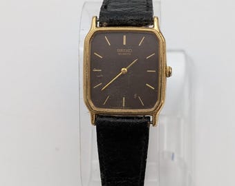 Vintage Seiko Watch 26mm Brown Dial Gold Tone Rectangular 6530-5770 New Battery