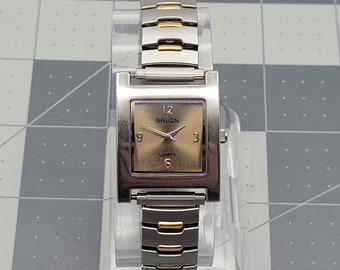 Ladies Gruen Quartz Watch, Two Tone Band, Golden Dial