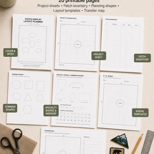 May include: A set of 20 printable pages for a patch display layout planner, including project sheets, patch inventory, planning shapes, layout templates, and a transfer map. The pages feature black text and line drawings on a white background.