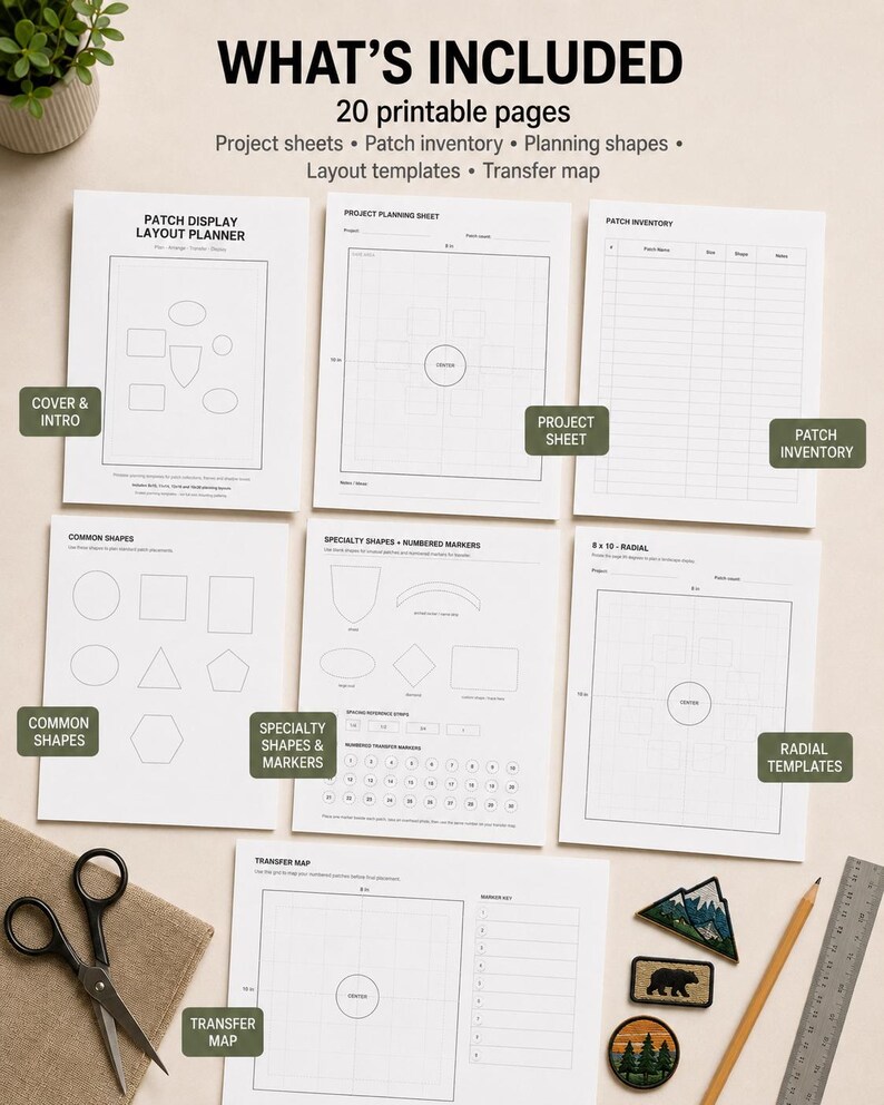 May include: A set of 20 printable pages for a patch display layout planner, including project sheets, patch inventory, planning shapes, layout templates, and a transfer map. The pages feature black text and line drawings on a white background.