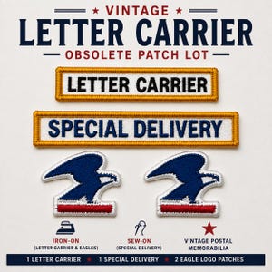 May include: A collection of four vintage patches including one rectangular patch with black text reading LETTER CARRIER, one with blue text reading SPECIAL DELIVERY, and two blue eagle logo patches with red stripes, all featuring gold borders.