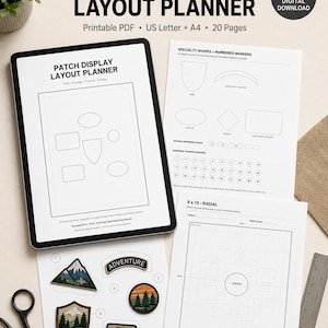 May include: A digital patch display layout planner shown on a tablet and printed pages. The documents feature templates for arranging patches, including specialty shapes, numbered markers, and an 8x10 radial grid for planning patch displays.