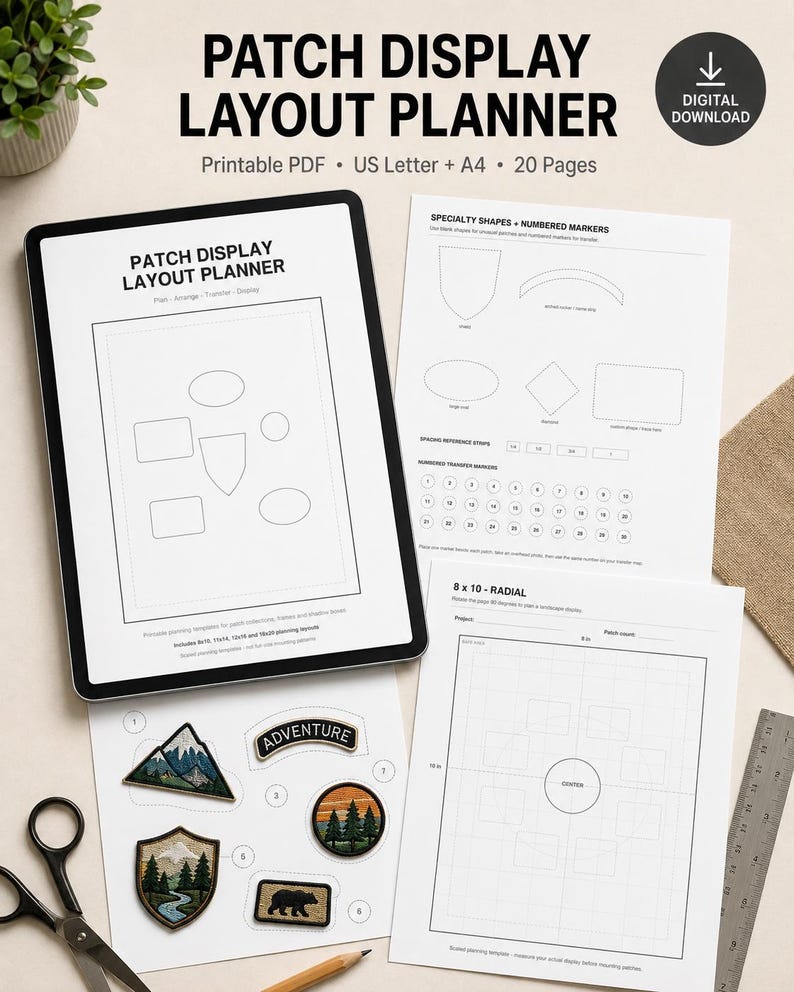 May include: A digital patch display layout planner shown on a tablet and printed pages. The documents feature templates for arranging patches, including specialty shapes, numbered markers, and an 8x10 radial grid for planning patch displays.