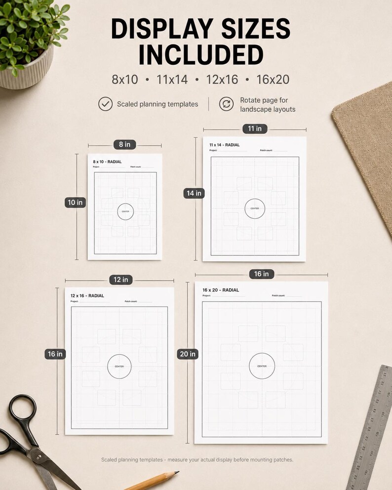May include: Four white radial planning template sheets with black grid lines and center circles. Sizes labeled as 8x10, 11x14, 12x16, and 16x20 inches. Text includes DISPLAY SIZES INCLUDED, Scaled planning templates, and Rotate page for landscape layouts.