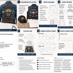 Puede incluir: Un planificador digital de colocación de parches para chaquetas, chalecos y sombreros, con 18 páginas imprimibles en formatos US Letter y A4. La guía incluye plantillas de diseño, guías de espaciado, formas y una hoja de medidas.