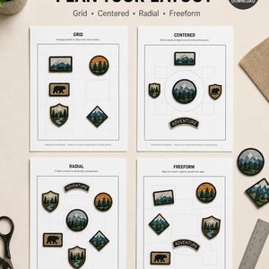 May include: A digital download planning template for arranging embroidered patches, featuring four layout styles: Grid, Centered, Radial, and Freeform. The document includes diagrams with various mountain, forest, and bear-themed patches.