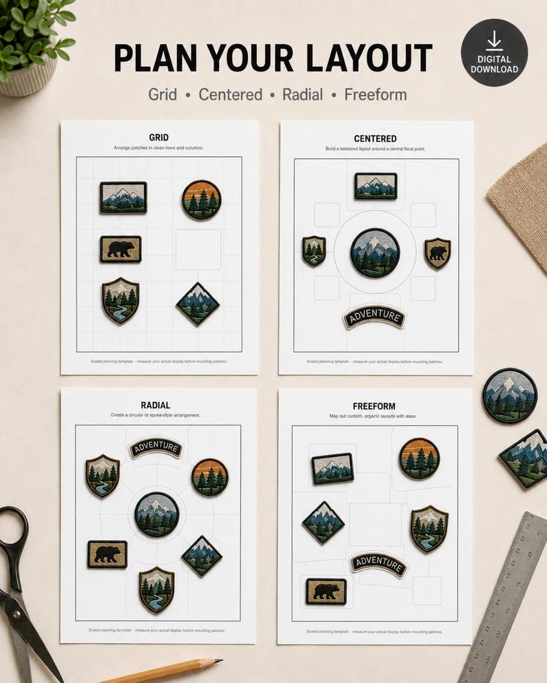 May include: A digital download planning template for arranging embroidered patches, featuring four layout styles: Grid, Centered, Radial, and Freeform. The document includes diagrams with various mountain, forest, and bear-themed patches.