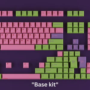 May include: A mechanical keyboard keycap set labeled Base kit, featuring a color scheme of pink, light green, and purple. The set includes various alphanumeric, modifier, and function keys arranged in rows labeled R1 through R4 on a dark purple background.