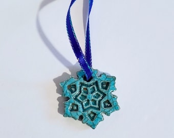 Little Turquoise Ceramic Snowflake | Handmade Ceramic Raku Ornament | Beautifully Embossed | Missouri Made | Handmade Christmas Gift