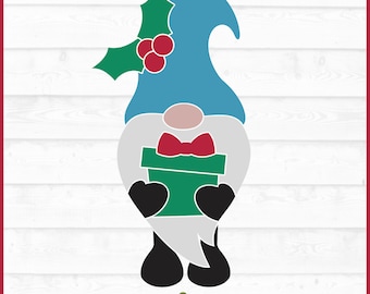 Plik SVG ze świątecznym krasnalem z prezentem, dxf, eps, png, świąteczny krasnalem svg, krasnal svg, prezent krasnal svg, sylwetka svg, Cricut svg, plik do cięcia