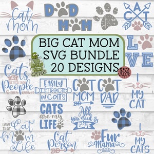 Cat Mom Big SVG-bundel - Cat Mom, zin, kattenpoot, kitten, dxf, eps, png, ontwerp, silhouette cameo, Cricut, gesneden bestand, digitale download