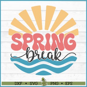 May include: A digital design featuring the text "Spring Break" in a retro style with a sun and waves behind the text. The sun is yellow and orange and the waves are blue.