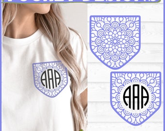 Mandala Monogram Pocket Design SVG Plik 1, dxf, eps, png, Shirt Pocket SVG, Faux Pocket SVG, Mandala SVG, Cricut SVG, Cut File, Pobierz