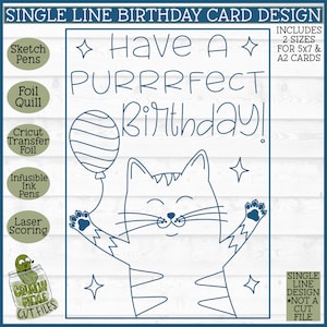 Foil Quill Birthday Card SVG File, Single Line svg, Sketch svg, Foil Quill Design, Laser Scoring svg, Foil Quill Cat svg, Cricut Draw svg