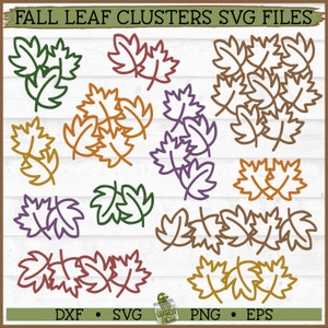 Puede incluir: Un conjunto de 10 archivos SVG de racimos de hojas de otoño en varios colores, incluyendo naranja, rojo, marrón, verde y morado. Las hojas están delineadas en negro y están dispuestas en racimos de 3 a 5 hojas. La imagen incluye el texto "FALL LEAF CLUSTERS SVG FILES", "DXF", "SVG", "PNG", y "EPS".