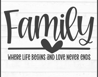 May include: Black and white graphic design with the text "Family" in a cursive font. A heart is below the text and a line is below the heart. The text "Where life begins and love never ends" is below the line.