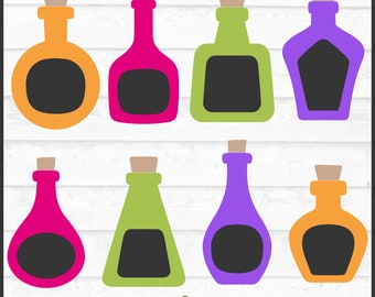 May include: A collection of eight colorful potion bottles with cork stoppers, each featuring a dark central label area. The bottles come in various shapes including round, square, and triangular, colored in orange, pink, lime green, and purple.