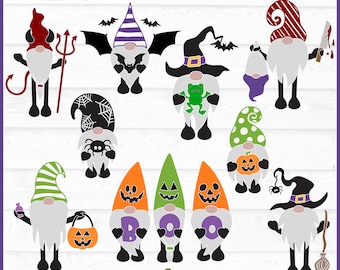 Może przedstawiać: Zestaw 10 plików SVG do wycinania z motywem gnomów halloweenowych. Gnomy są ubrane w różne kostiumy halloweenowe, w tym w czarownicę, wampira, ducha, dynię i pająka. Gnomy są wszystkie w czerni i bieli, z wyjątkiem gnoma-dyni, który jest pomarańczowy.