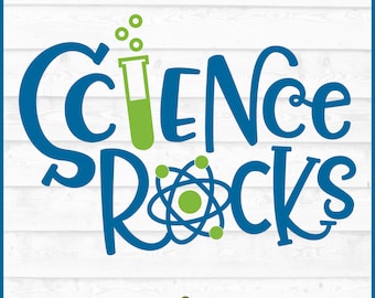 May include: Blue and green graphic design with the text "Science Rocks". The design includes a test tube, bubbles, and an atom.