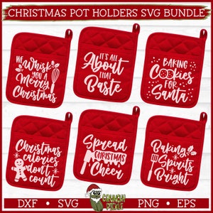 May include: Set of six red quilted pot holders with white Christmas-themed sayings. The sayings include "We Whisk You a Merry Christmas", "It's All About That Baste", "Baking Cookies For Santa", "Christmas Calories Don't Count", "Spread Christmas Cheer", and "Baking Spirits Bright".