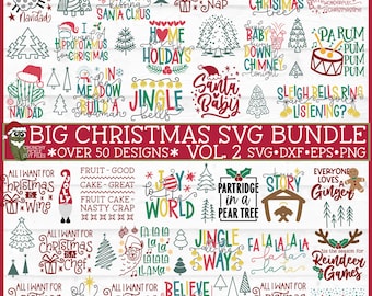 May include: A digital download bundle of 50 Christmas-themed SVG designs. The designs feature a variety of festive phrases and images, including "All I want for Christmas is a nap", "Jingle Bells", "Santa Baby", "Partridge in a Pear Tree", and "It's the season for Reindeer Games".