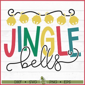 May include: A colorful graphic design with the text "Jingle Bells" in red, green, yellow, and blue. The design features a string of yellow bells with black outlines.