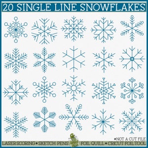 Puede incluir: Veinte diseños de copos de nieve de una sola línea en azul turquesa sobre un fondo blanco. El texto "20 SINGLE LINE SNOWFLAKES" está en la parte superior de la imagen. El texto "*NOT A CUT FILE" está en la parte inferior derecha de la imagen. El texto "LASER SCORING • SKETCH PENS • FOIL QUILL • CRICUT FOIL TOOL" está en la parte inferior de la imagen.