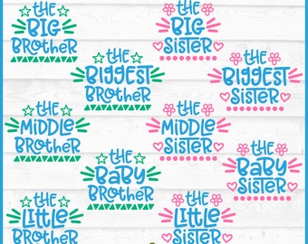 Puede incluir: Un conjunto de 10 archivos SVG para manualidades, con títulos para hermanos. Los títulos incluyen "El Hermano Mayor", "El Hermano Mayor", "El Hermano del Medio", "El Hermano Pequeño", "El Hermano Pequeño", "La Hermana Mayor", "La Hermana Mayor", "La Hermana del Medio", "La Hermana Pequeña" y "La Hermana Pequeña". Los títulos están en azul y verde para los hermanos y en rosa para las hermanas.