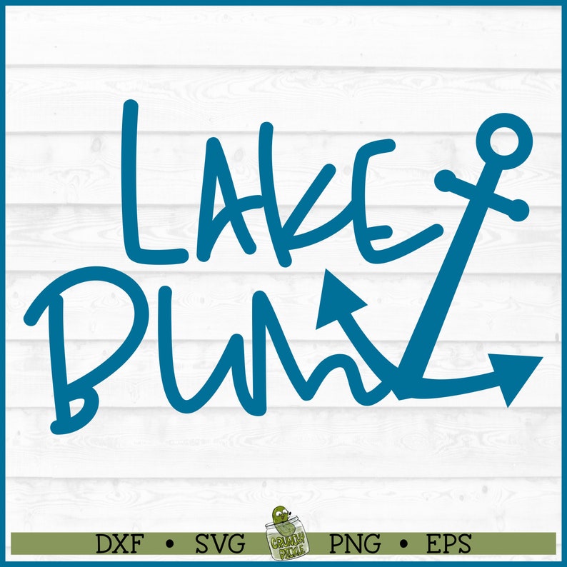 May include: Blue and white graphic design with the text "Lake Dunn" and an anchor. The design is on a white wood background.