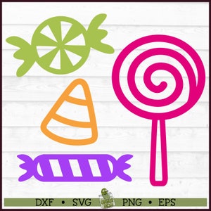 May include: A collection of colorful candy illustrations in green, orange, purple, and pink. The image includes a wrapped candy, a candy corn, a lollipop, and a wrapped candy. The bottom of the image includes the text "DXF • SVG • PNG • EPS".