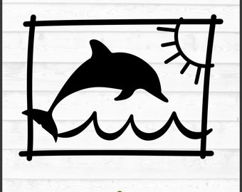 ビーチフレーム横型イルカSVGファイル、dxf、eps、png、ビーチsvg、イルカsvg、夏svg、シルエットsvg、クリカットsvg、カットファイル、ダウンロード