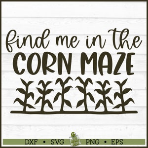 May include: Black and white graphic design with the text "find me in the corn maze". The graphic features five corn stalks with leaves.